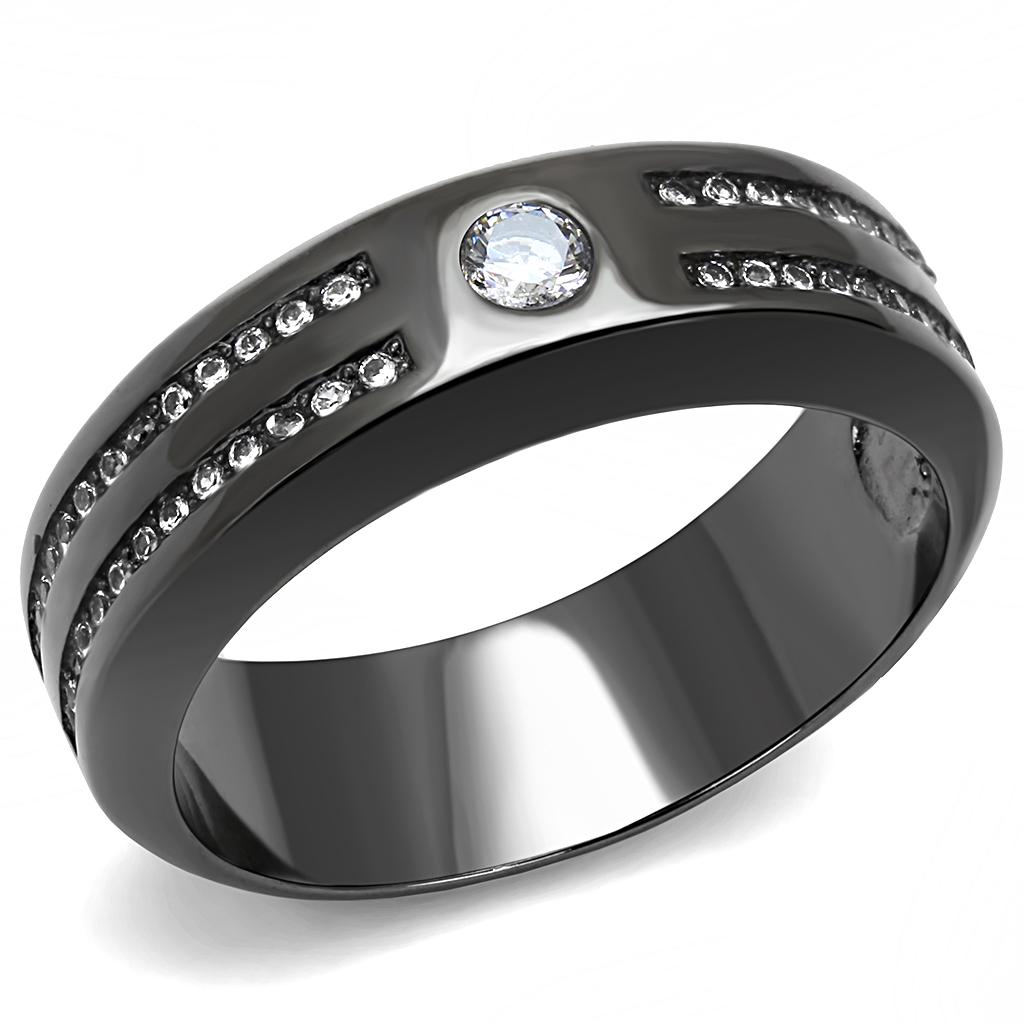 TK3275 - IP Light Black  (IP Gun) Stainless Steel Ring with AAA Grade CZ  in Clear-0